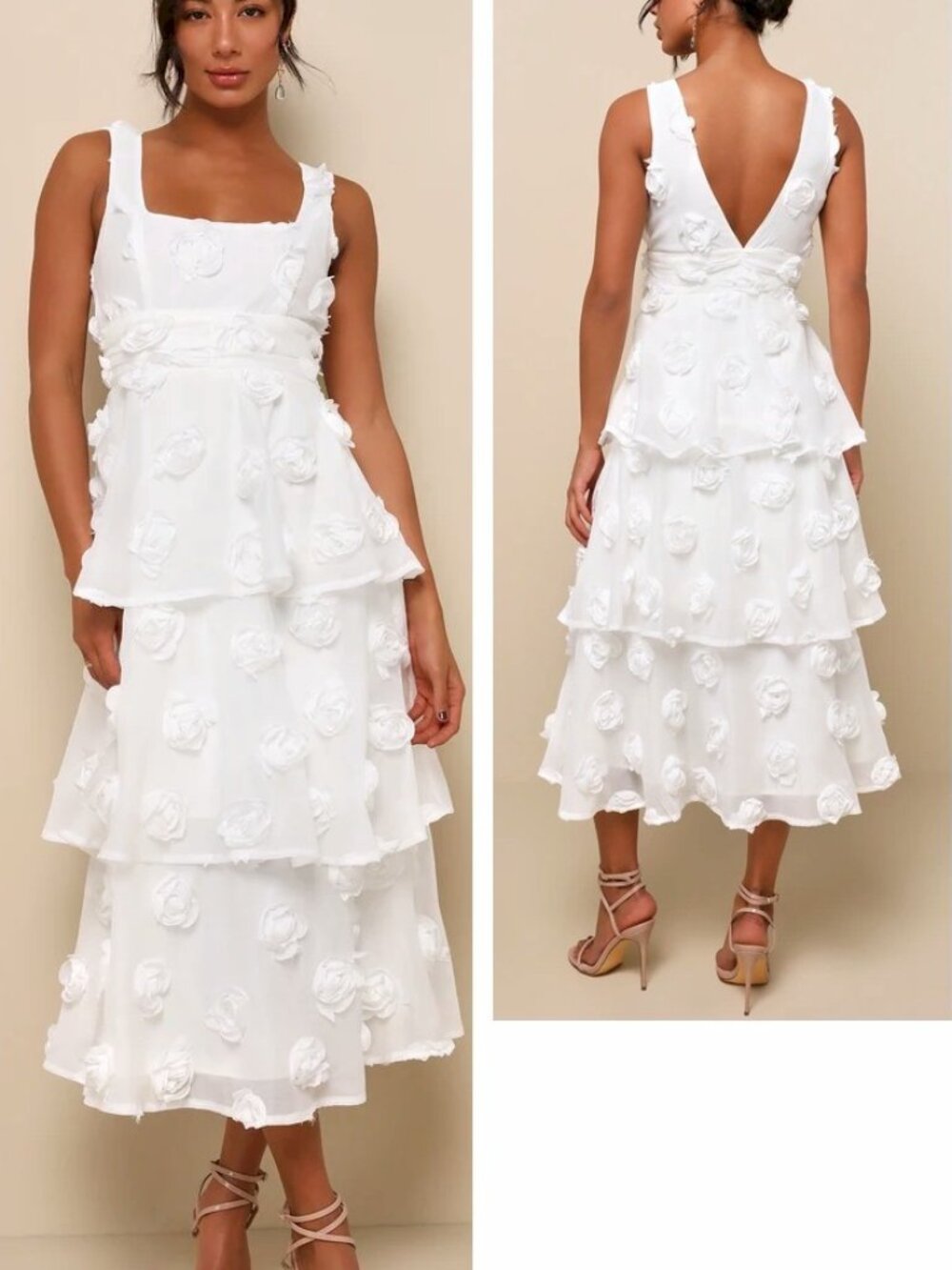 Lulu's White Tiered Midi Dress with 3D Floral Appliqués